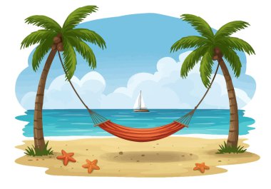 Plaj Sahnesi Clipart. Arka planda yelkenli ve okyanus olan palmiye ağaçları arasındaki hamak. Vektör illüstrasyon tasarımı.