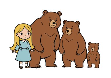 Goldilocks ve üç ayı klipsleme sanatı. Goldilocks ve üç ayının büyüleyici bir çizimi klasik peri masalındaki ikonik görünüşlerini sergiliyor..