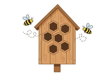 Bee house clipart. A cheerful illustration of a wooden bee house with bees flying around, perfect for nature-themed projects and children's designs. clipart