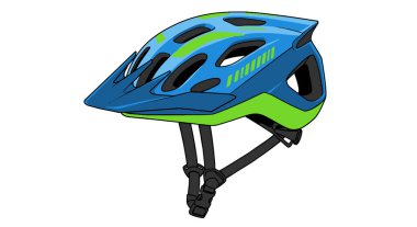 Bicycle helmet clip art. An illustration of a blue and green bicycle helmet with vents and straps. clipart