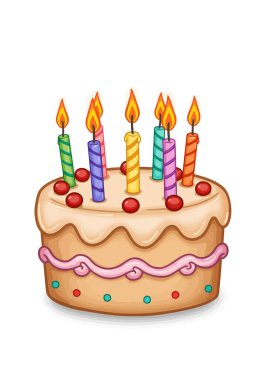 Birthday cake with candles clipart. A cheerful cartoon birthday cake with lit candles and colorful decorations. clipart