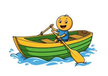 Clip Art Row Boat. Bir çizgi film karakteri mavi suda yeşil ve sarı bir tekne kullanıyor..