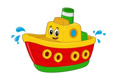 Oyuncak Tekne Clipart. Gülen yüzüyle renkli bir oyuncak teknenin karikatür çizimi ve su sıçraması..