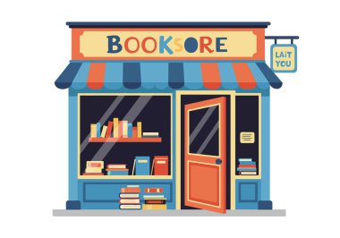Kitapçı Clipart. Kitapların sergilendiği renkli kitapçı cephesi. Vektör illüstrasyon tasarımı.