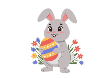 Paskalya Tavşanı Clipart. Bahar çiçekleriyle çevrili renkli bir Paskalya yumurtası tutan sevimli gri bir tavşan. Vektör illüstrasyon tasarımı.