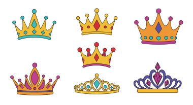 Clip Art Crowns ve Tiaras. Değişik stillerde altı renkli taç ve taç. Vektör illüstrasyon tasarımı.