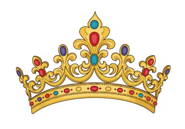Quince Crown Clipart. Kırmızı, mavi ve yeşil mücevherlerle süslenmiş zarif altın taç. Vektör illüstrasyon tasarımı.