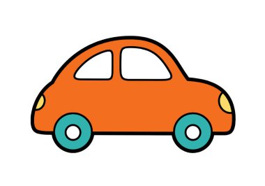 Araba Clipart Easy. Bu resim, mavi tekerlekleri ve sarı farları olan basit, turuncu bir arabayı gösteriyor. Çizim tasarımı.