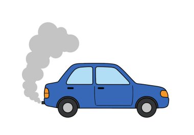 Araba Dumanı Clipart. Mavi araba egzozdan gri duman yayıyor. Çizim tasarımı.