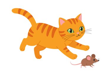 Kedi ve Fare Kesme Sanatı. Turuncu kedi kahverengi fareyi kovalıyor. Çizim tasarımı.