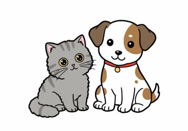 Kedi ve köpek klipsi sanatı. Sevimli çizgi film kedisi ve köpek birlikte oturuyor. Çizim tasarımı.