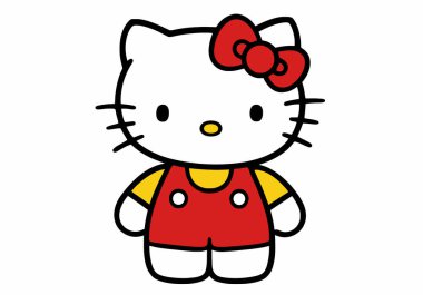 Hello Kitty 'ye tırman. Kırmızı kurdeleli, sarı gömlekli, kırmızı tulumlu Hello Kitty. Çizim tasarımı.