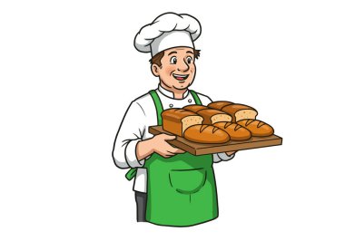Bir Baker 'a tırman. Elinde bir tepsi taze ekmek tutan bir fırıncı. Çizim tasarımı.