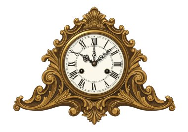 Antika saat klipsi sanatı. Roma rakamları ve karmaşık altın tasarımı ile süslemeli vintage saat. Çizim tasarımı.