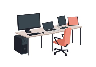 Clip Art Bilgisayarları. Bu resim birden fazla bilgisayar ve sandalyeli bir masa kurulumunu gösteriyor. Çizim tasarımı.