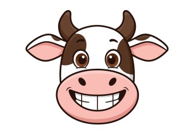 Çizgi film İnek Yüzlü Clipart. Kocaman gözleri, pembe burnu ve geniş bir gülümsemesi olan sevimli inek suratı. Çizim tasarımı.