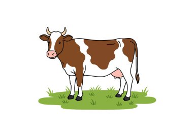 Clipart İnek Resmi. Çimlerin üzerinde duran kahverengi ve beyaz inek. Çizim tasarımı.