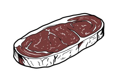 Biftek Clipart Siyah ve Beyaz. Mermerli bifteğin detaylı bir çizimi. Çizim tasarımı.