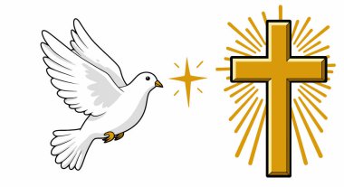 Cross ve Dove Clipart. Parlak kirişlerle altın haça doğru uçan beyaz bir güvercin. Çizim tasarımı.