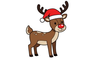 Şirin Noel Ren Geyiği Tırmanışı. Kırmızı burunlu ve Noel Baba şapkalı bir ren geyiği. Çizim tasarımı.