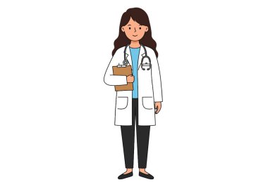 Clipart Kadın Doktor. Stetoskop ve not panosu olan kadın bir doktor. Çizim tasarımı.