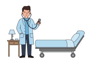 Klip Sanat Hekimi. Hastane yatağının yanında steteskoplu bir doktor. Çizim tasarımı.