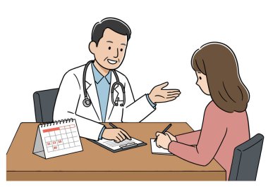 Doktor Randevu Clipart. Doktor ve hasta masada tartışıyor. Çizim tasarımı.