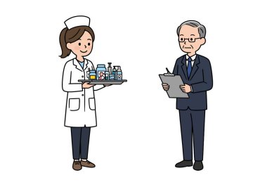 Doktor Hemşire Clipart. Hemşire elinde tıbbi malzemelerle tepsi, doktor panoya yazı yazıyor. Çizim tasarımı.
