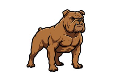 Boğa köpek klipsi sanatı. Bu görüntü, sert bir ifadeyle ayakta duran kaslı kahverengi bir bulldog 'u gösteriyor. Çizim tasarımı.