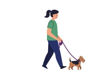Sanat eseri köpek gezdiricisi. Yeşil gömlekli ve mavi pantolonlu biri mor tasmalı küçük kahverengi ve siyah bir köpeği gezdiriyor. Çizim tasarımı.