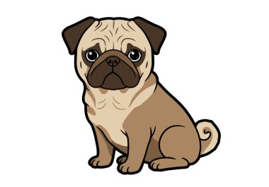 Clip art pug dog. Bu resim çizgi film stili bir boksörün oturup ileriye baktığını gösteriyor. Çizim tasarımı.