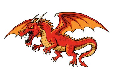 Kızgın Ejderha Clipart. Büyük kanatları, keskin pençeleri ve dişlerini gösteren ağzı olan vahşi kırmızı bir ejderha. Çizim tasarımı.