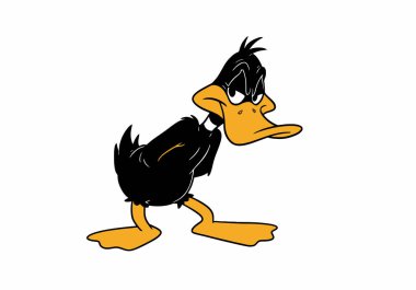 Daffy Ördek Kesme Sanatı. Daffy Duck şüpheli bir ifadeyle ayakta duruyor. Çizim tasarımı.