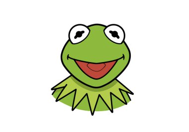 Kermit Clipart. Gülümseyen bir yüzü, büyük gözleri ve kendine özgü bir tasması olan yeşil bir kurbağa. Çizim tasarımı.