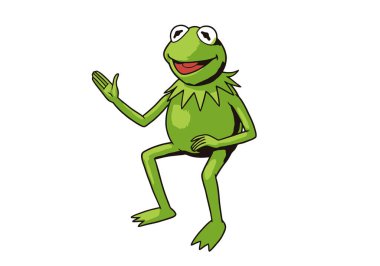 Kurbağa Tırmanışı Kermit. Yeşil çizgi film karakteri bir eli havada duruyor. Çizim tasarımı.