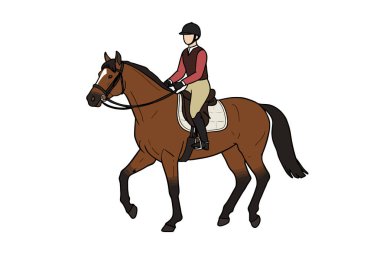 Clipart at biniciliği. Kahverengi bir atın üstünde hareket eden bir binici. Çizim tasarımı.