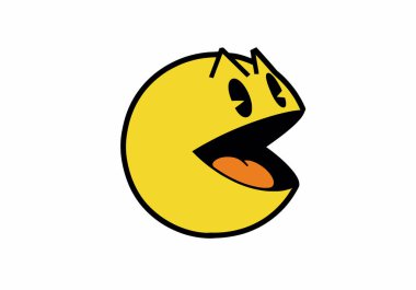 Clipart pacman. Açık ağızlı ve siyah gözlü sarı karakter. Çizim tasarımı.