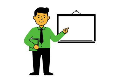 Erkek öğretmen Clipart. Bu resim, elinde kitap tutarken boş bir sunum tahtasını gösteren bir erkek öğretmeni gösteriyor. Çizim tasarımı.