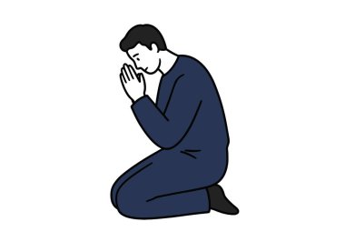 Erkek dua sanatı. Bir insan dua etmek için elleri birbirine kenetlenmiş şekilde diz çöker. Çizim tasarımı.