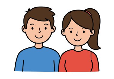 Erkek kadın yarım klipsli sanat. Bu resim, çizgi film stili bir kadın ve erkeğin yan yana durup gülümsediğini gösteriyor. Çizim tasarımı.