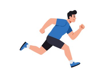 Koşan Adam Clipart. Mavi tişörtlü ve siyah şortlu biri koşuyor. Çizim tasarımı.