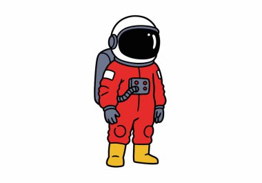 Uzay adamı klipsi sanatı. Bu resim kırmızı uzay giysili, beyaz kasklı ve sarı çizmeli bir astronotu gösteriyor. Çizim tasarımı.
