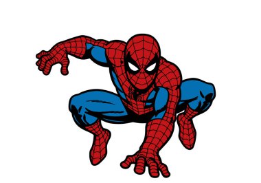 Örümcek Adam Clipart. Örümcek Adam kırmızı ve mavi kostümlü çömelmiş bir vaziyette. Çizim tasarımı.