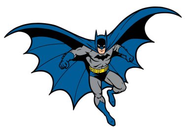 Batman klip sanatı. Batman, mavi pelerinli bir şekilde hareket halinde. Çizim tasarımı.