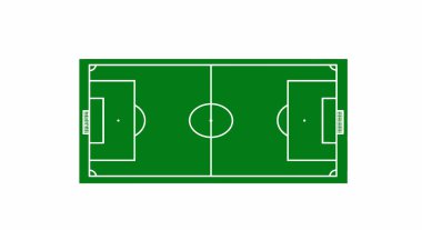 Klip sanatı futbol sahası. Beyaz çizgileri, golleri ve işaretleri olan yeşil alan. Çizim tasarımı.
