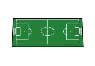 Klip sanatı futbol sahası. Beyaz çizgileri, golleri ve orta çemberi olan yeşil alan. Çizim tasarımı.