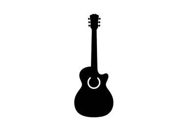 Siyah gitar klipsi. Farklı şekilli ve ses delikli akustik gitarın silueti. Çizim tasarımı.
