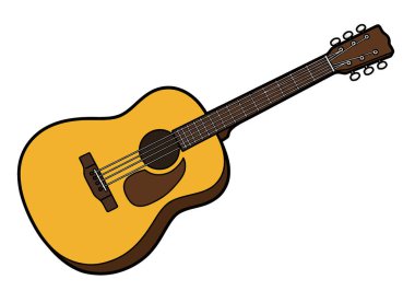 Karikatür gitar klipsi. Kahverengi aksanlı ve altı telli sarı bir akustik gitar. Çizim tasarımı.