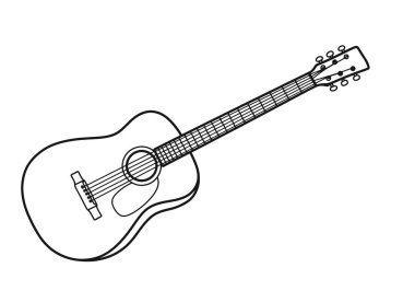 Gitar tırmanışı taslağı. Akustik gitar, altı telli, perdeli ve akort mandallı. Çizim tasarımı.