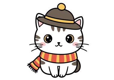 Şapkalı kedi klipsi. Şapka ve eşarp takan sevimli bir kedi. Çizim tasarımı.